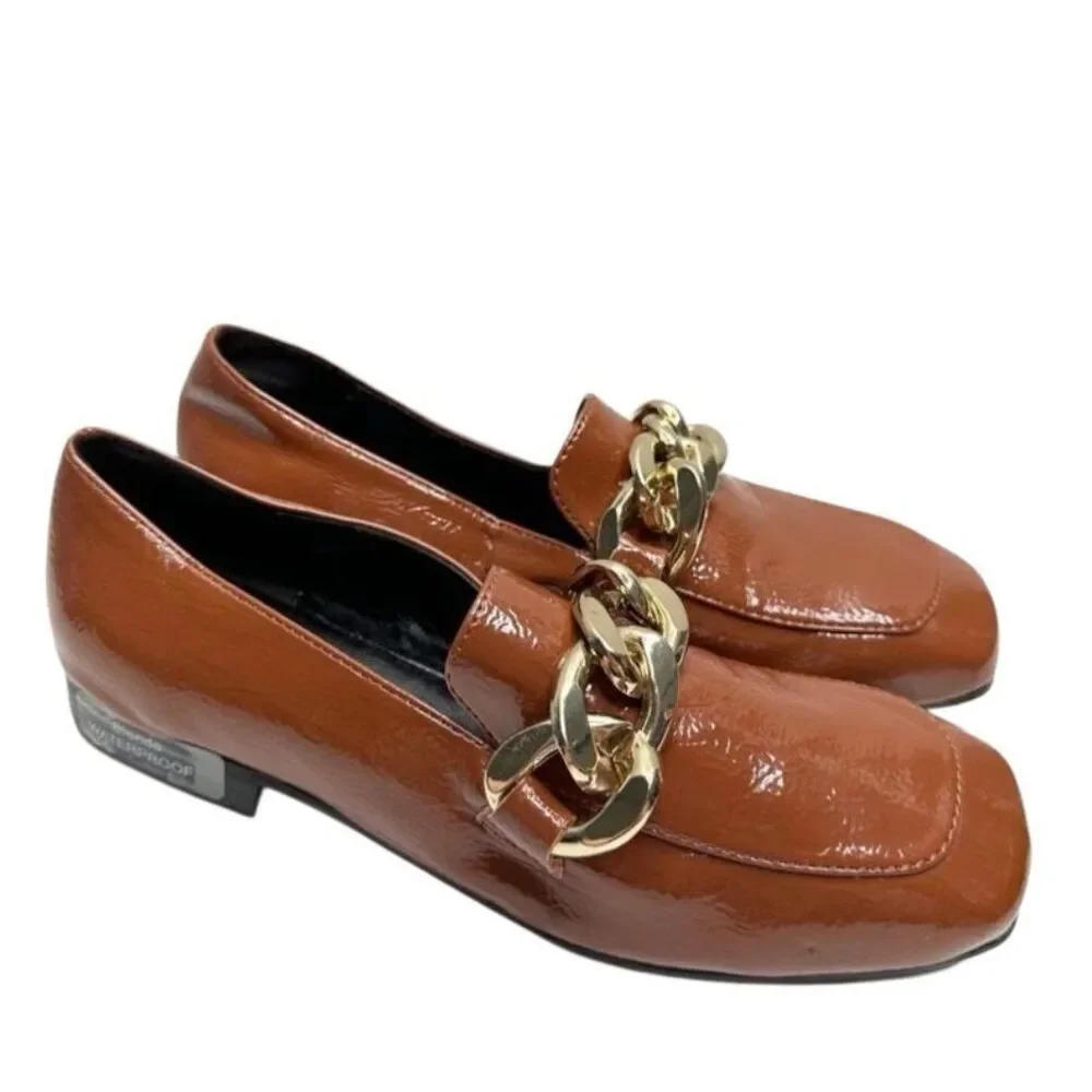 Blondo Loafers Size 5 Brown‎ Slip On Waterproof Block Heel Chain Detail NEW